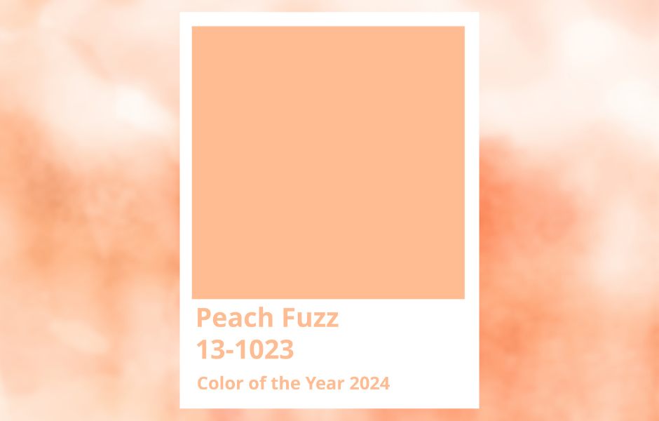 Peach fuzz within a white frame with a peachy background