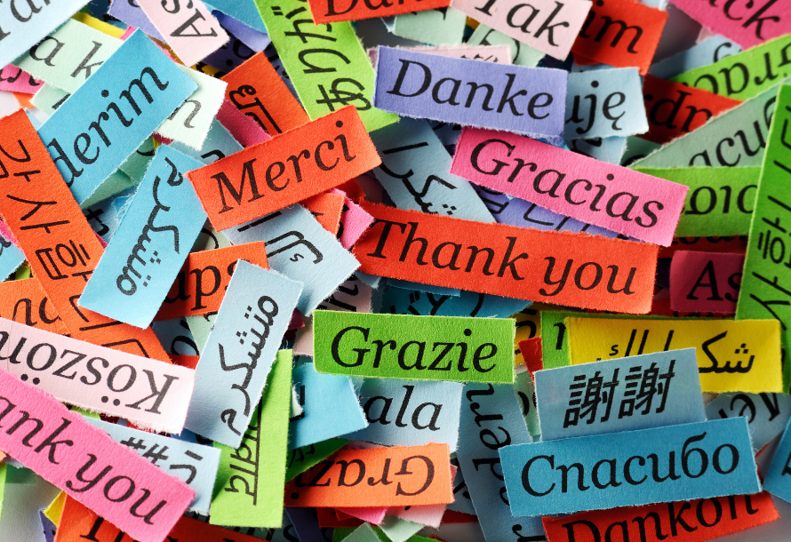 Slips of paper that say "thank you" in different languages